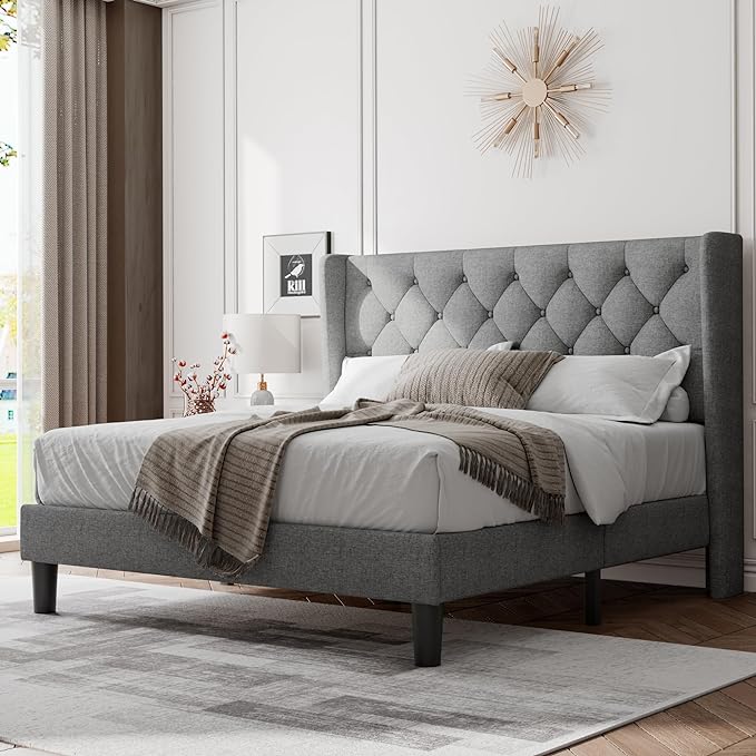 Feonase Queen Bed Frame with Upholstered Wingback Headboard, Platform Bed and Heavy Duty Wooden Slats Support, Easy Assembly, Noise-Free, No Box Spring Needed, Light Gray
