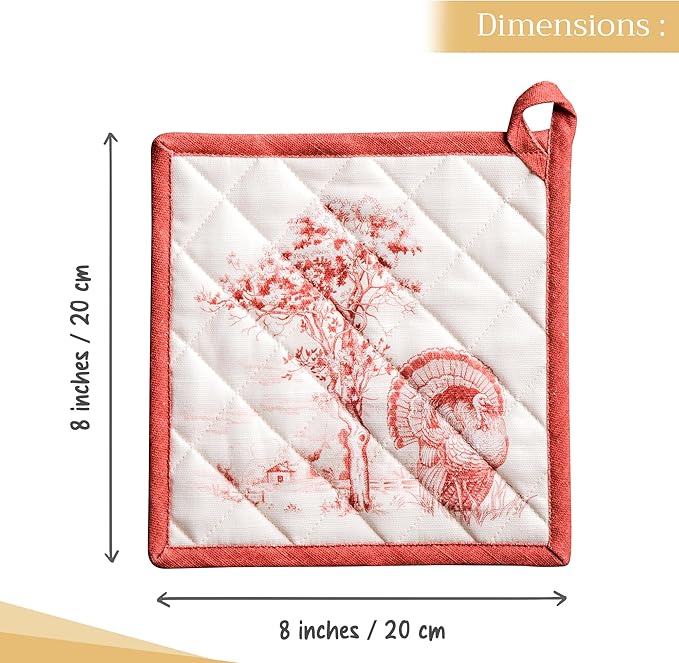 Maison d' Hermine Pot Holders 100% Cotton Heat Resistant Potholders 8" x 8" Hot Pads with Loop for Thanksgiving Christmas Decorations BBQ Cooking Baking Handling Hot Pans (Pack of 1, Holy Jouy - Red)