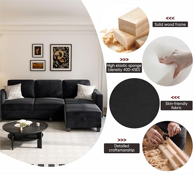 Youmumeub 79''Sectional Couch Couches for Living Room - L-Shaped 4-Seater Deep Sectional Sofa,Removable Covers,Suitable for The Living Room, Apartment or Office-Black