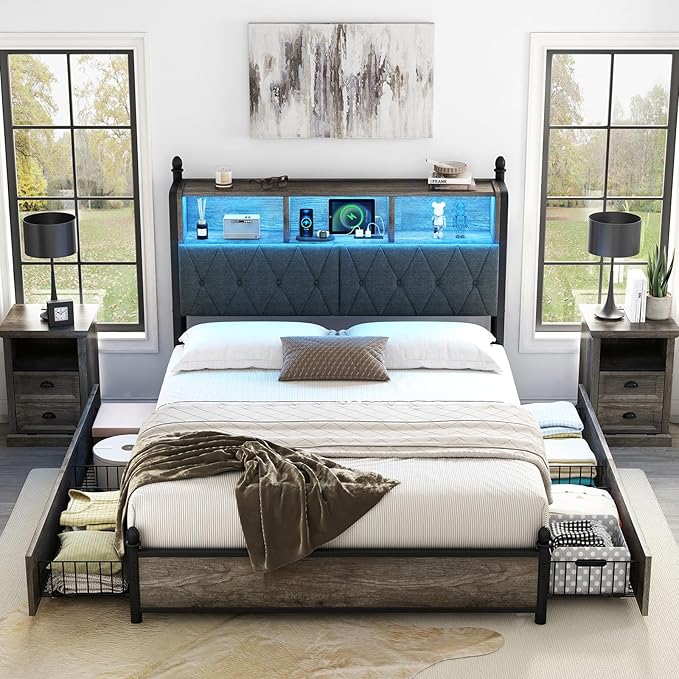 AMERLIFE Queen Bed Frame with Bookcase Headboard and 4 Storage Drawers, Wooden Platform Bed with Charging Station and LED Light, Noise-Free/No Box Spring Needed, Gray