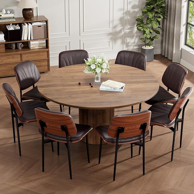 Dining Chairs Set of 8, Mid-Century Modern Upholstered PU Leather Chairs with Walnut Bentwood Back and Metal Legs Adjustable Feet for Kitchen Dining Room, Dark Brown Shell Strips