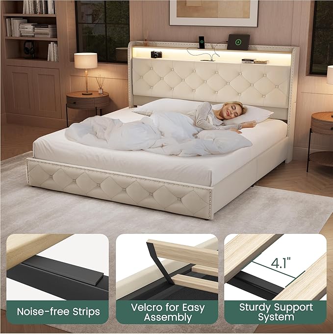 LARMACE Queen Size Bed Frame with 4 Storage Drawers and Charging Station, Velvet Upholstered Platform Bed Frame with LED Headboard, Noise Free, Easy Assembly, Beige