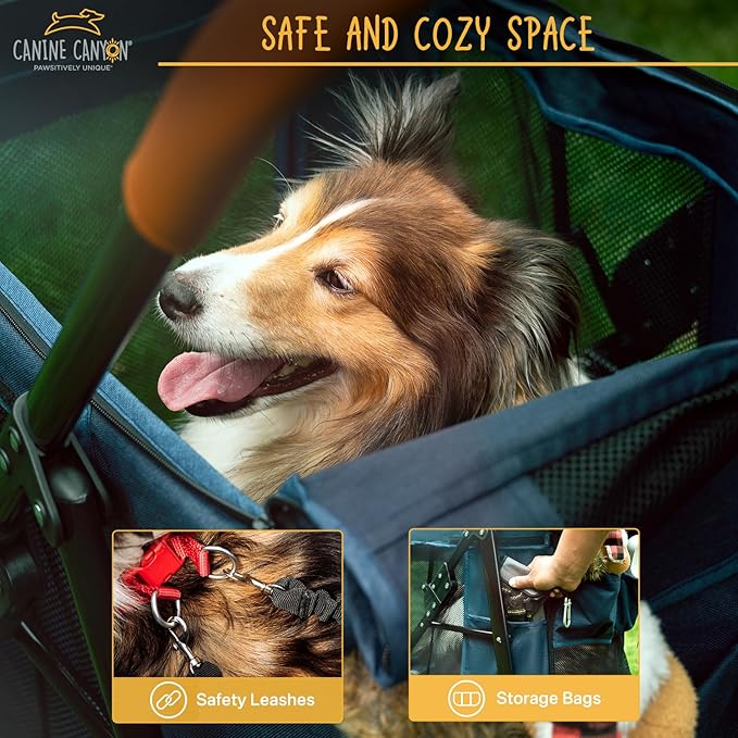 Upgraded 4 Wheels Pet Stroller for Small/Medium Dogs- One Button Fold, Adjustable Mesh Windows and Shades, 360° Swivel Front Wheels and Rear Wheel Brake