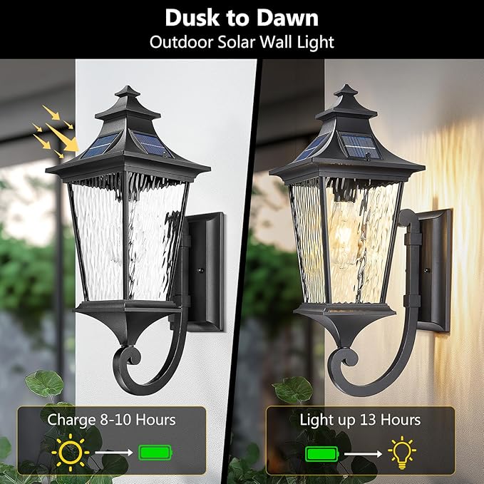 Emliviar Solar Wall Lantern Outdoor, Waterproof Outdoor Sconce Light, Dusk to Dawn LED Exterior Wall Lighting with Water Ripple Glass, Black Finish, 500181-SL SW BK