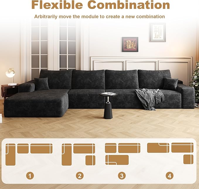 136" Sectional Couches for Living Room Modern Modular Sofa with L-Shape Couchs Upholstered Boneless Couch Deep Seat Sectional Couch with Chaise (Black, Left Facing Chaise+3Seaters)