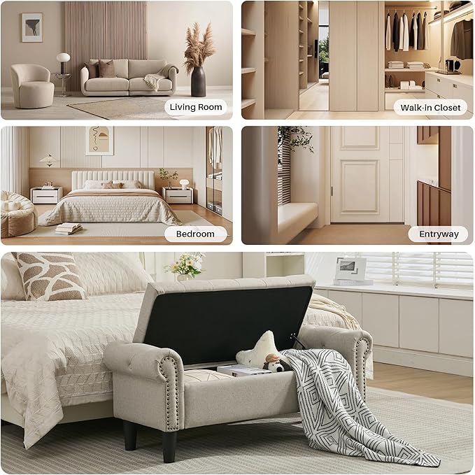 Storage Bench, 50" Queen End of Bed Bench, Linen Tufted Button Upholstered Bedroom Bench, Storage Ottoman with Rolled Arms, Window Bench with Storage, for Living Room, Entryway Light Brown