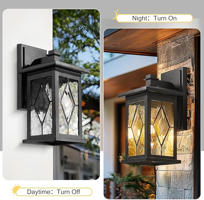 Emliviar Farmhouse Outdoor Porch Light, 1-Light Patio Wall Fixture With Water Grain Glass Shade, Black Finish, 1803EW1-SD BK