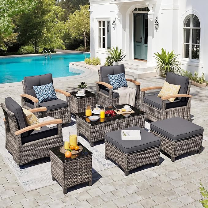 MEISSALIVVE 9 Pieces Outdoor Patio Furniture Sets,PE Wicker Patio Conversation Sets with 4 Wood Armrests Swivel Rocker Chairs，2 Ottoman and Coffee Table(Grey)