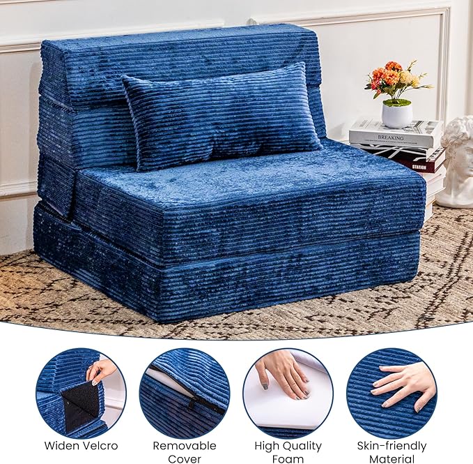 Folding Sofa Bed, Convertible Sleeper Chair with Pillow, High Density Memory Foam Fold Out Couch, Foldable Mattress Futon Sofa for Living Room/Dorm/Guest Use/Apartment/Home Office