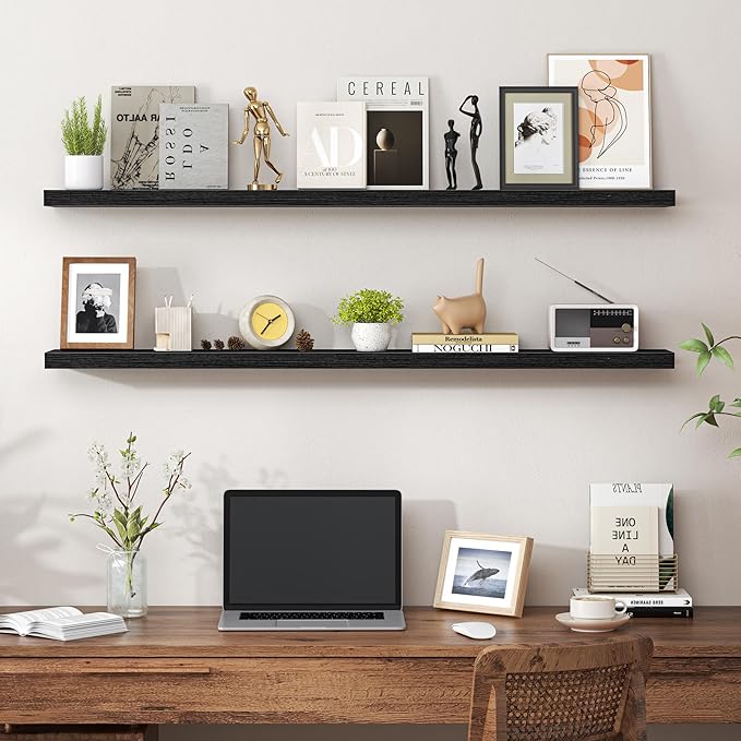 Heimlove 48 Inch Floating Shelves for Wall,Extra Long Wood Shelves Mounted Storage Hanging Shelf Invisible Bracket for Bedroom,Living Room,Kitchen,Office,Set of 2,Black