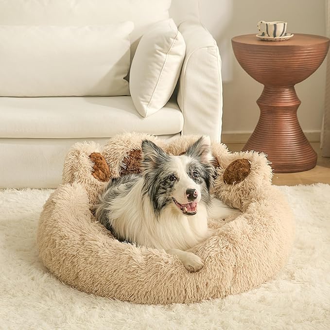 Jiupety Paw Shape Calming Pet Bed, Medium Plush Faux Fur Donut Bed for Dogs & Cats, Machine Washable, Non-Slip Bottom, Extra Large Size (32"×32"×10"), Camel