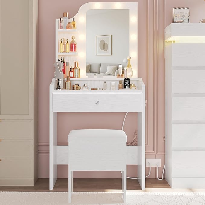 LIKIMIO Small Makeup Vanity Desk with Mirror and Lights, Vanity Table Set with Storage Stool, Makeup Drawer Organizer, Power Outlet, 3 Color Modes Adjustable Bulb, White Vanity for Bedroom