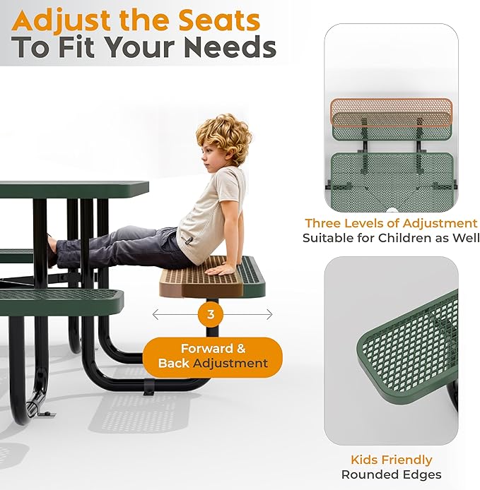 Metal Picnic Tables for Outdoors with Umbrella Hole - Coated Steel Heavy Duty Commercial Grade Furniture with Adjustable Seats (Green, 38 in, Square)