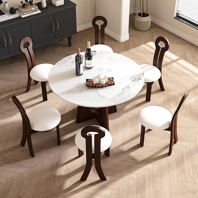 Dining Chairs Set of 2, Key-Design Home Chairs, PU Leather Solid Wooden Dining Chairs with White Round Cushion for Kitchen Dining Room-Deep Walnut Brown