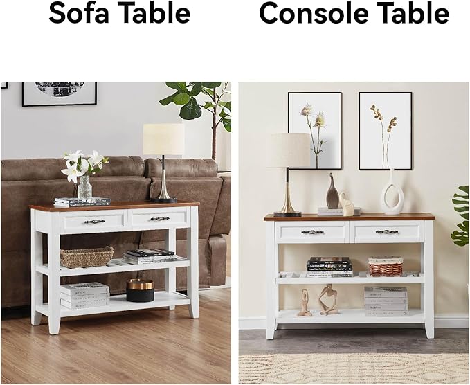 Retro Design Console Table with Two Open Shelves, Pine Solid Wood Frame and Legs for Living Room