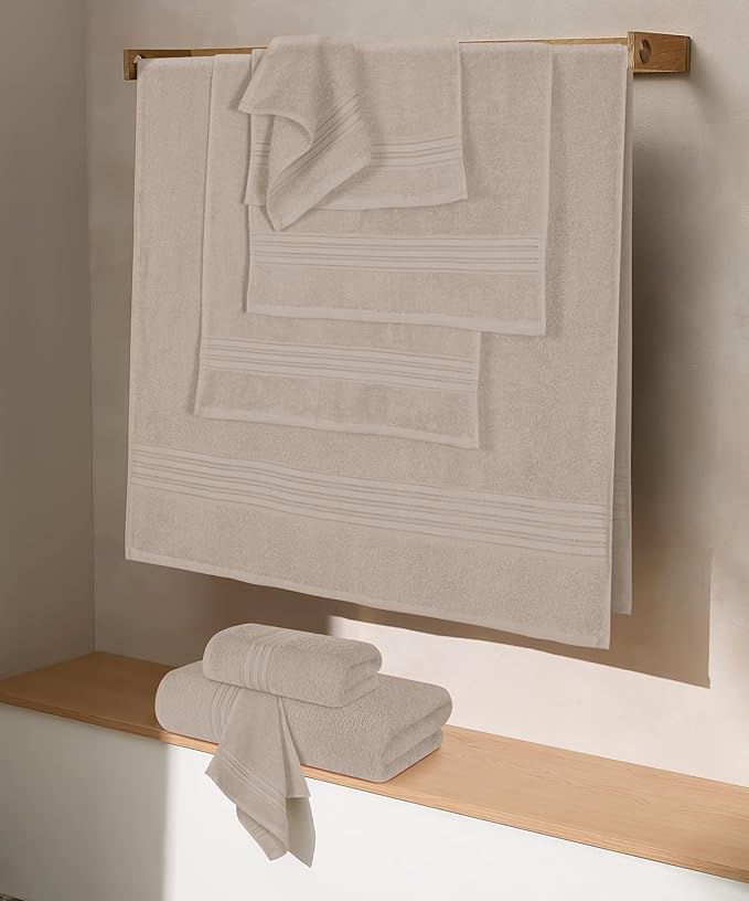 BOUTIQUO 100% Cotton Towel Set, Contains 4 Soft Bath Towel, 6 Hand Towels, 8 Wash Cloths - Compact Absorbent Lightweight & Quickdry Towels for Bathroom - 18 Piece Bathroom Towel Set - Tan