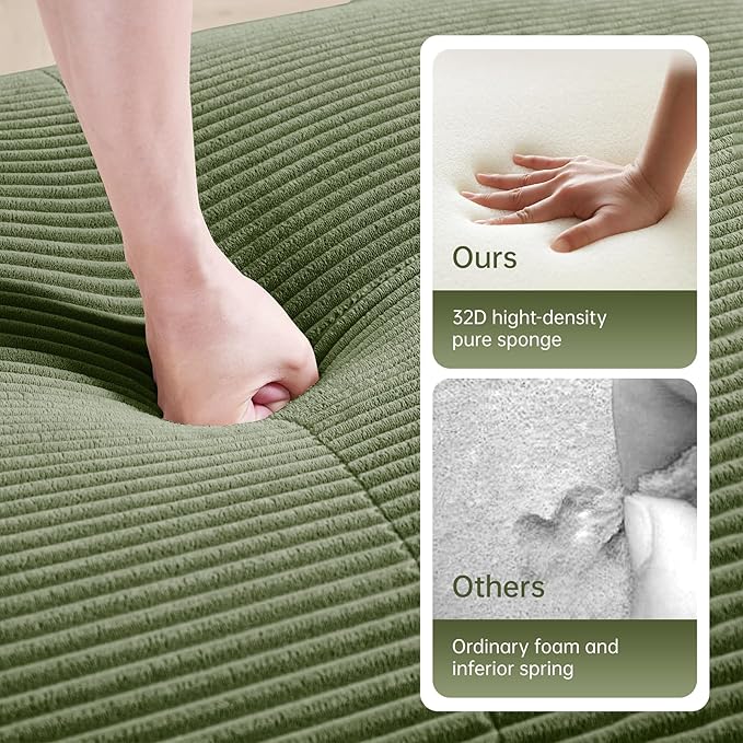 152" Modern Corduroy Cloud Sofa with Ottoman, U Shaped Boneless Modular Large Sectional Couches for Living Room, Green 4 Seater Compressed Memory Foam Couch, Extra Deep Seat, No Assembly