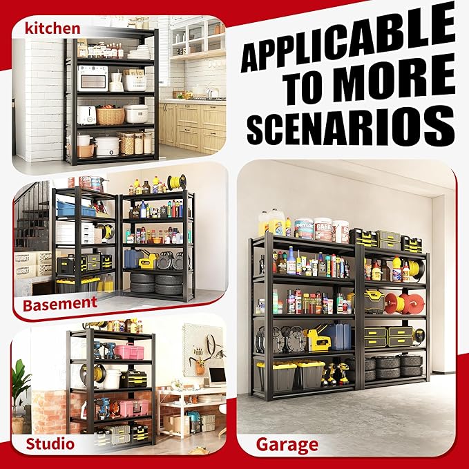 Heavy Duty Garage Shelving, Metal Storage Shelves, Adjustable 5 Tier Metal Shelving Unit, Industrial Utility Rack for Garage, Warehouse, Workshop, 12" D×27.5" W×60" H, Black