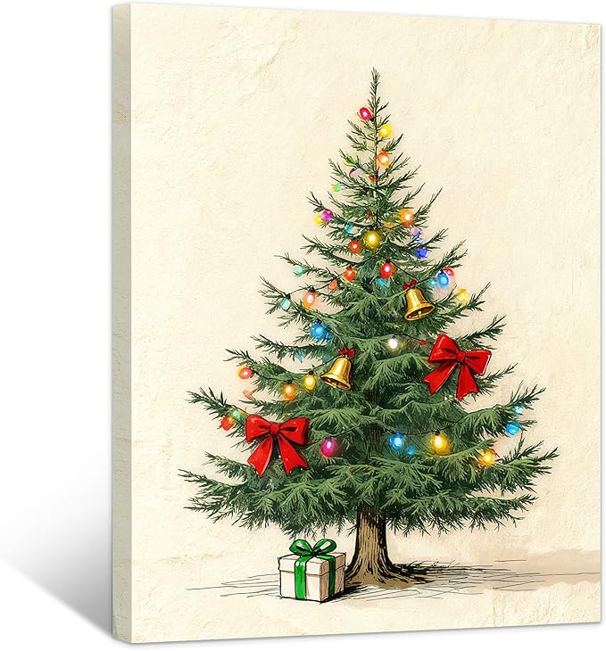 Framed Christmas Pictures Wall Decor,Vintage Pine Tree Prints,Winter Christmas Canvas Wall Art Decoration for Bedroom Bathroom Living Room Rustic Xmas Holiday Gifts (Christmas Tree 9, 12'' X 16'')