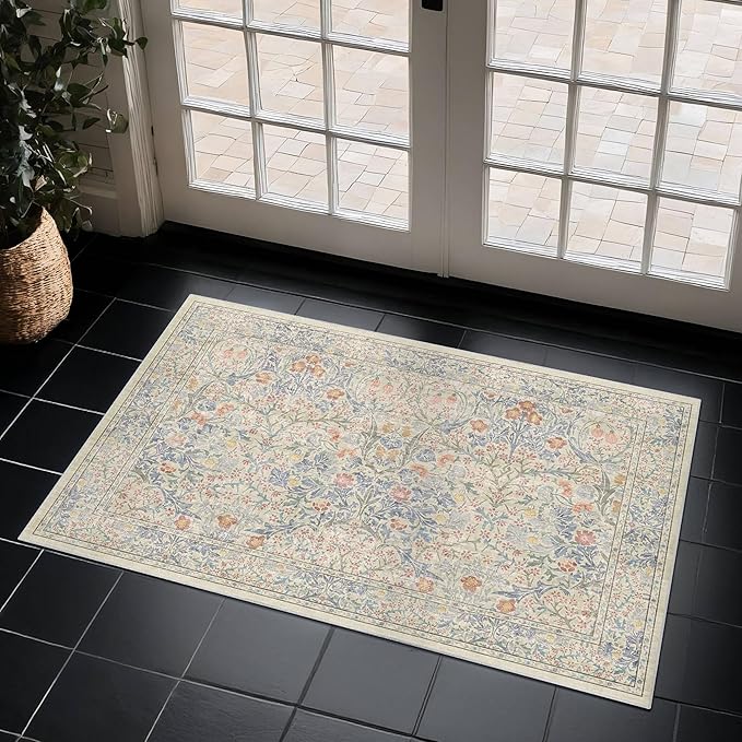 Washable Bathroom Rug 2x4 Non Slip - Beige Blue Small Rugs Front Door Rugs Indoor, Vintage Cream Floral Style Rug for Kitchen, Laundry, Perfect for Entryway Décor