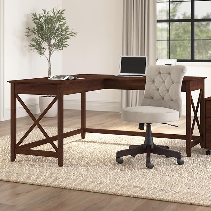 Bush Furniture Key West 60W Modern Farmhouse L Shaped Desk in Bing Cherry, 60-Inch Corner Computer Table for Home Office Workspace