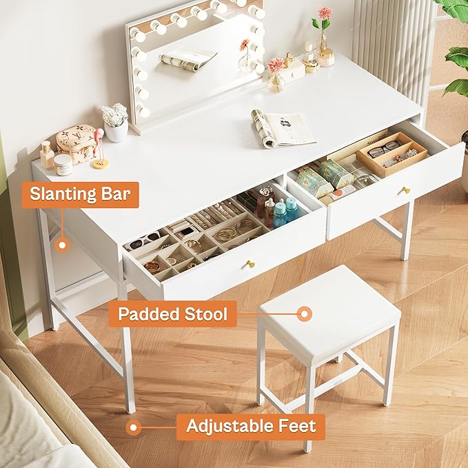 SUPERJARE 43-inch White Desk with 2 Drawers and Padded Stool, Modern Makeup Vanity & Computer Desk with Storage for Home Office, Bedroom Study