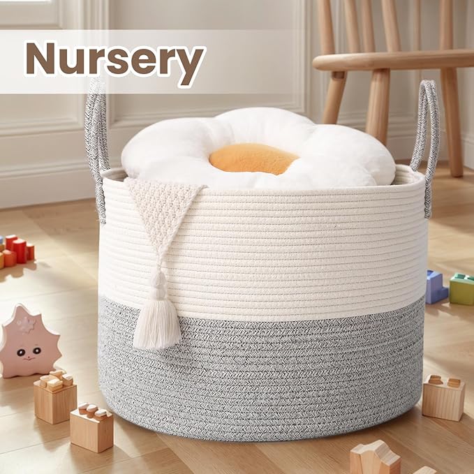 Woven Blanket Basket,65L Large Rope Storage Bin with Handles, Organizer for Blankets Toys Book and Clothes, Laundry Basket for Living Room Bedroom Nursery,White&Grey