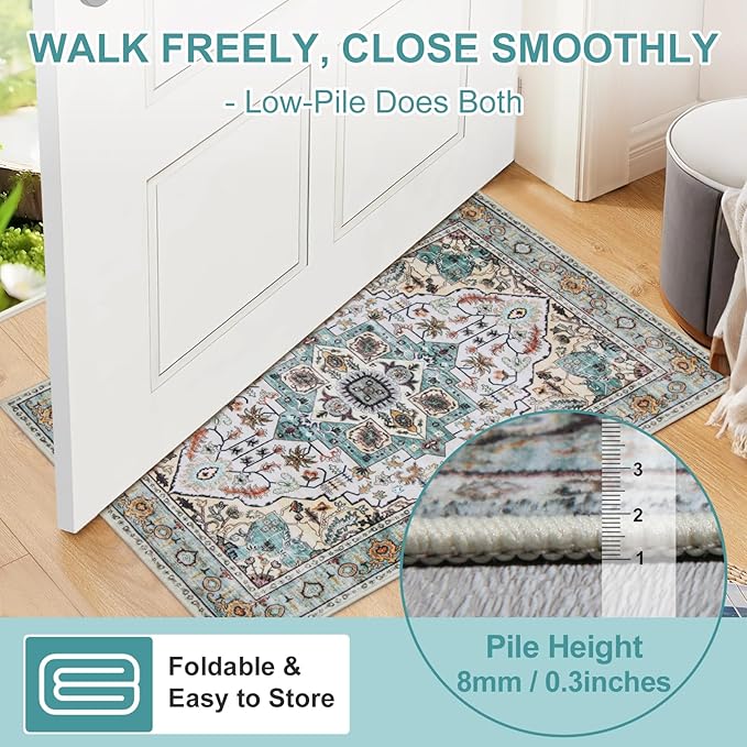 WILLSUN Washable Area Rugs, 8x10 Non-Slip Boho Large Area Rugs for Living Room, Bedroom, Machine Washable Vintage Rug, Indoor Floral Print Carpet for Home Decor, Kid & Pet Friendly Mat