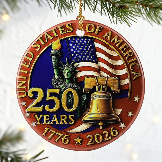 250 Years of America Ornament | Independence Day, July 4 Decor, Christmas Ornaments, Christmas Decorations, Holiday Decor Gifts for Patriots, Gift Exchange & Gift Idea, Giftbox Included