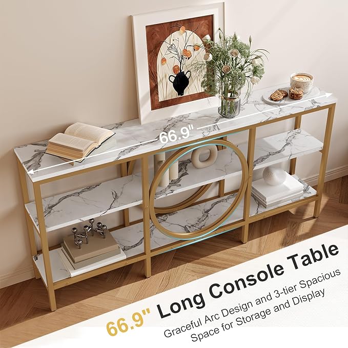 66.9-Inch Sofa Tables Narrow Long, 3 Tier Extra Tall Console Table Industrial Behind Couch Table Gold Large Console Tables for Living Room, Entryway, Hallway (White+Champagne Gold)
