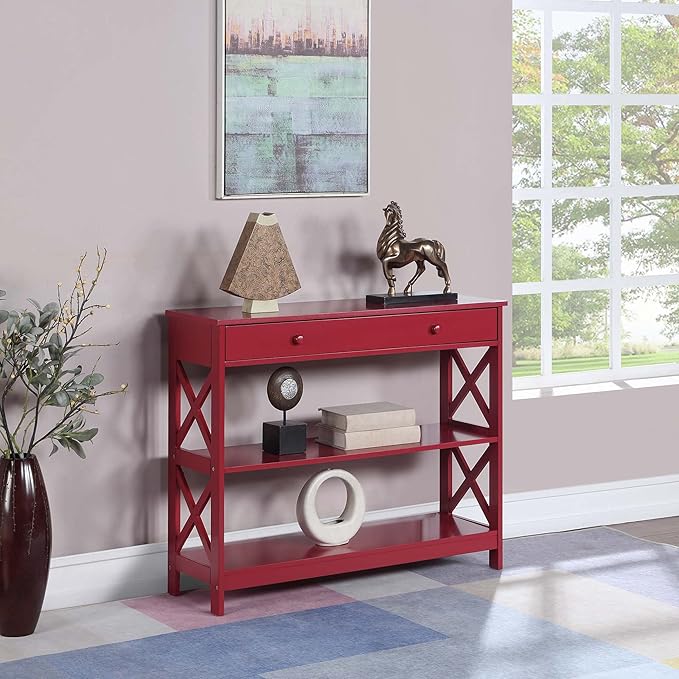 Convenience Concepts Oxford 1 Drawer Console Table with Shelves, Cranberry Red