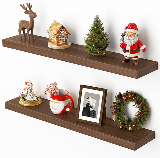 Heimlove Floating Shelves for Wall 32 Inch,Mounted Storage Wood Shelves with Invisible Brackets Hanging Shelf for Bedroom Living Room Kitchen Office,Set of 2,Walnut Color