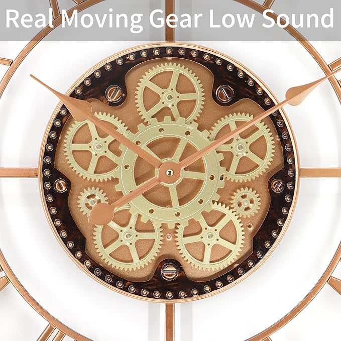 24 Inch Large Wall Clocks for Living Room Decor with Moving Gears,Large Wall Clock Industrial Steampunk,Oversized Metal Analog Wall Clocks for Farmhouse Home Battery Operated
