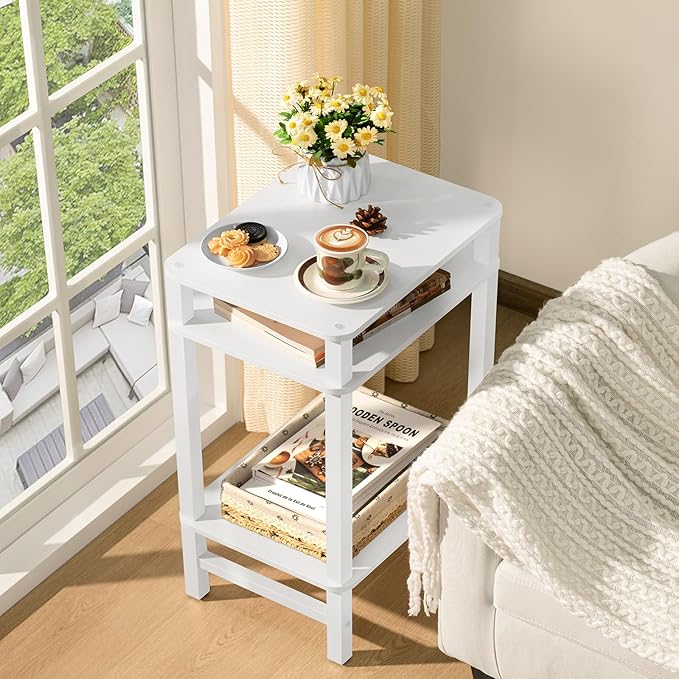 28in Tall Side Table 3-Tier Small Narrow End Table for Couch, Skinny Nightstand for Small Space, Farmhouse Slim Night Stand with Storage, Wooden Frame Thin Bedside Table, for Living Room, White
