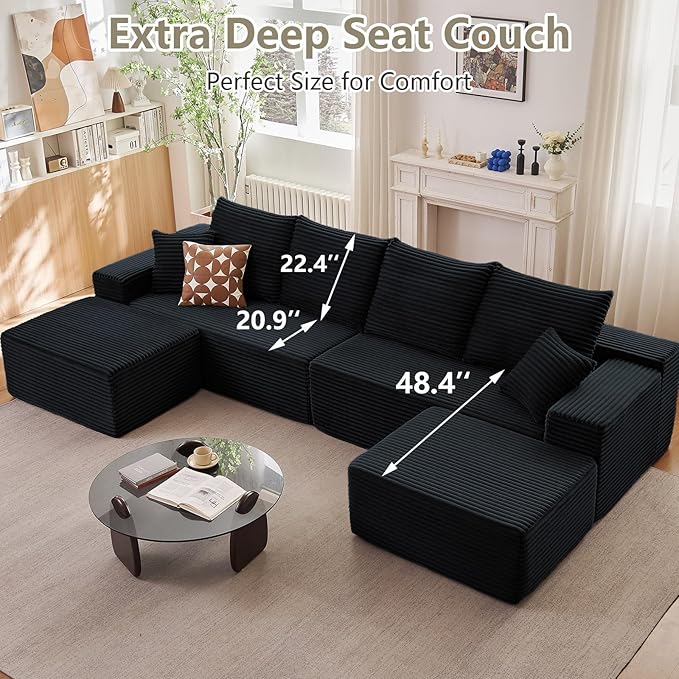 140" Sectional Cloud Couch for Living Room, Stupendous U Shaped Sofas, Modular Floor Deep-Seat Sofa, Big Comfy Corduroy Couches Set with Fluffy Memory Foam, No Assembly Required, Black