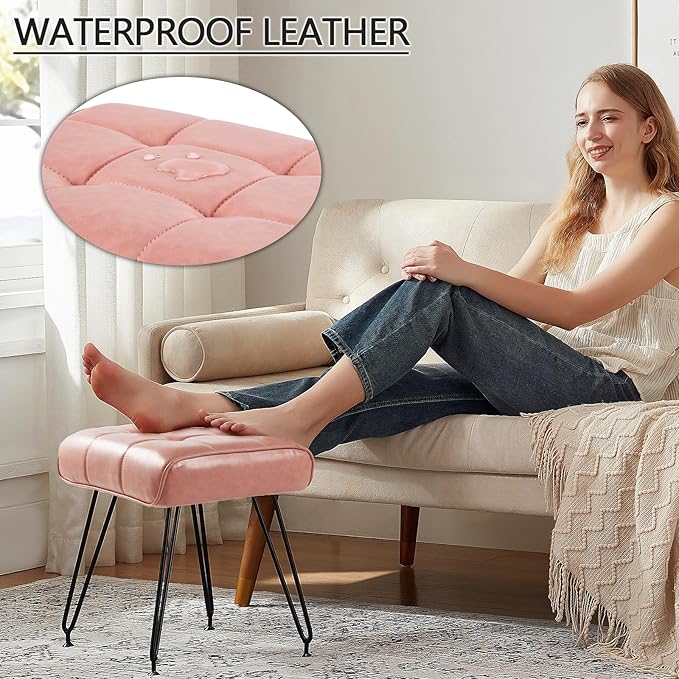 PU Leather Vanity Stools, Vanity Stool Chairs for Makeup Faux Leather Foot Stools Ottoman with Metal Leg Make up Chairs for Vanity Small Bench Seat for Living Room Bedroom (Pink)