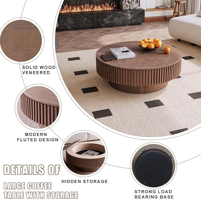 39'' Large Round Coffee Table with Storage, Fluted Coffee Table with Solid Wood Veneered, Mid Century Modern Wooden Center Table, Accent Tea Table for Living Room Apartment, Walnut