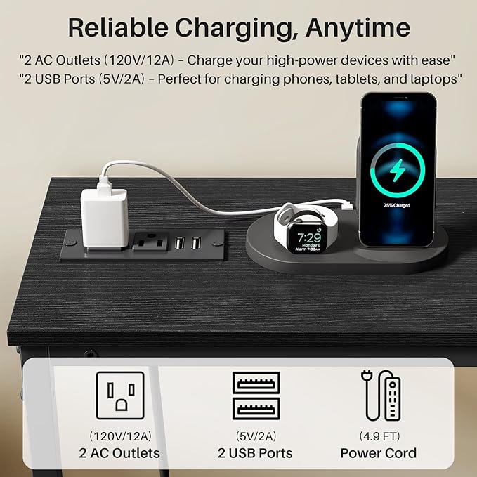 Kitstorack 2-Pack Black Console Table, 7.9" Deep Panel, Adjustable Height (25"-33") & with 2 Power Outlets, Behind Sofa Couch Table, Use Together or Separately - 79" L