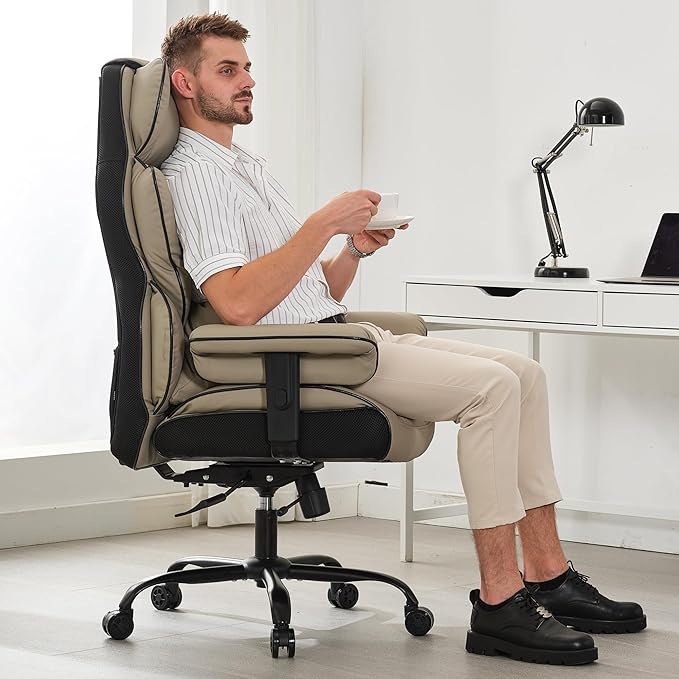 Big and Tall Office Chair 400lbs Wide Seat,High Back Gaming Chair with Foot Rest, Ergonomic Reclining Executive Office Chair Lumbar Support,Leather Computer Chair Adjustable Arm(Black Beige)