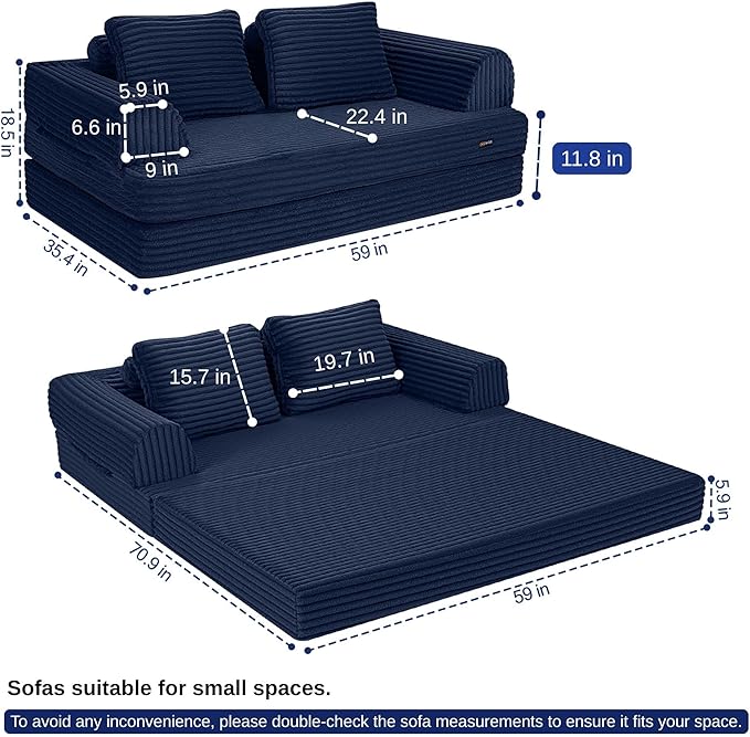 COMAX Convertible Sofa Bed, Folding Floor Couch Corduroy Fold Out Couch Bed Futon Sleeper Mattress with Pillows, Boneless Sofa Comfy Lounge Loveseat for Living Room Bedroom, Plush Navy