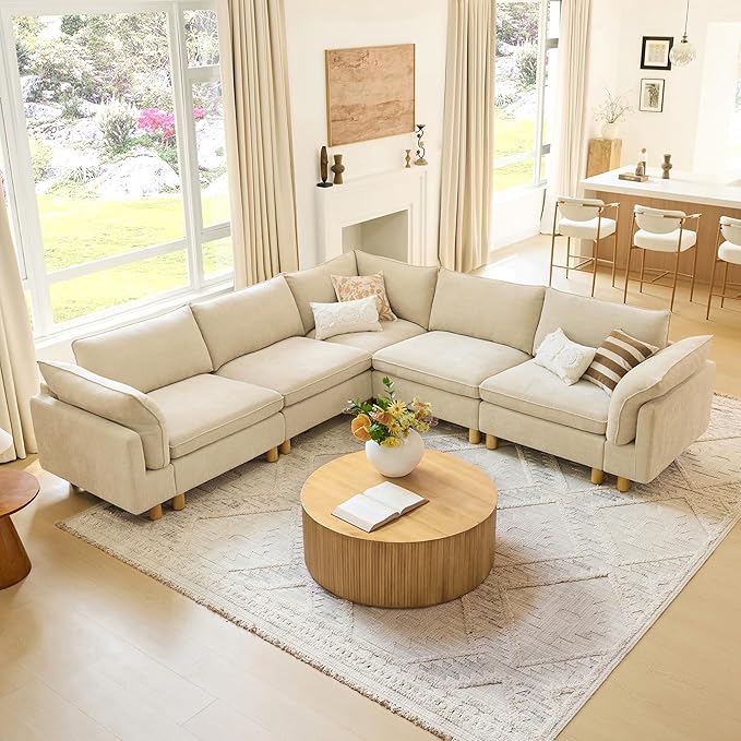 CHITA 127" Super Large Sectional Couches for Living Room, Modular Cloud Couch Sectional Sofa, Premium Fabric Couches, Down Filled, High Density Foam, Chenille in Beige, 3 Seater