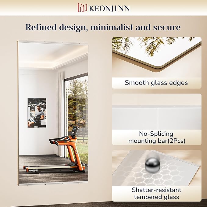 Keonjinn Home Gym Mirror, 72" x 26" Workout Mirrors for Home Gym, Frameless Tempered Glass, Full Body Wall Mirrors for Fitness Exercise, Yoga Room, Dance Studio, Garage