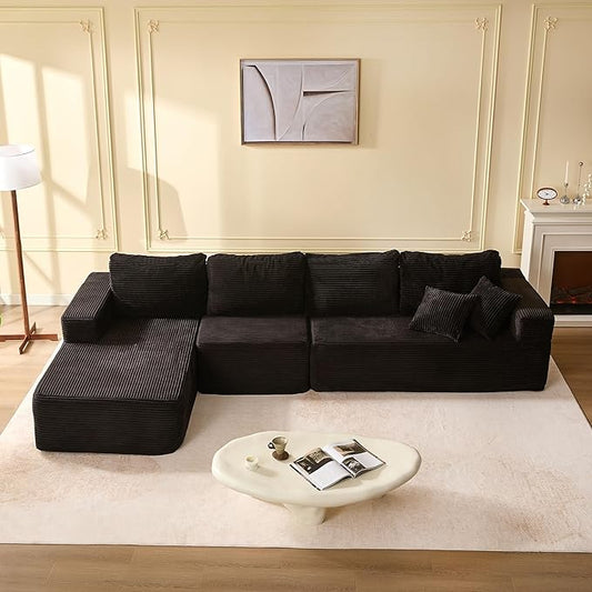 138" Boneless Couch with Deep Seat, Modular Sectional Sofa, Cloud Sectional Couch for Living Room, No Assembly Required, Corduroy, 4 Seater L-Shape Left, Black