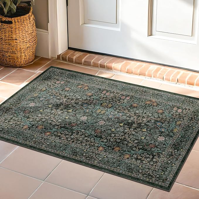 Dark Green Washable Entry Rug - Front Door Throw Rugs Indoor, Non-Slip Bathroom Small Rugs, Vintage Floral Thin Rug for Kitchen, Boho Entryway Décor (2x3 Dark Green)