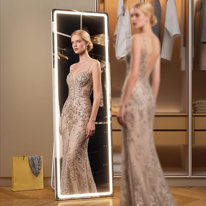 Full Length Mirror with Lights, 56" x 15.8" LED Lighted Floor Standing Mirror, Tempered Glass, White