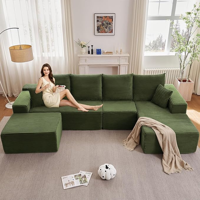 135" U-Shape Cloud Couch, Modern Modular Sectional Comfy L-Shape Sofa with Ottoman, Deep Seat, Upholstered Corduroy Sleeper Chaise Longue for Living Room Bedroom, No Assembly Required, Green