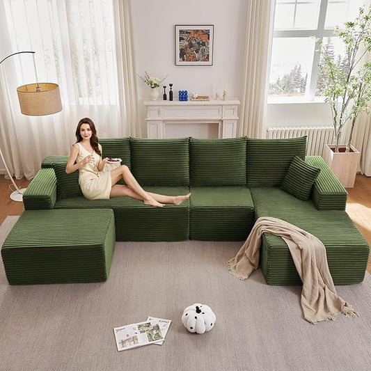135" U-Shape Cloud Couch, Modern Modular Sectional Comfy L-Shape Sofa with Ottoman, Deep Seat, Upholstered Corduroy Sleeper Chaise Longue for Living Room Bedroom, No Assembly Required, Green