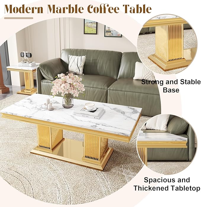 Luxury Living Room Coffee Table Set of 3, Marble Coffee Table and 2 End Side Tables, 3 Piece Living Room Table Set with Stainless Steel Base for Living Room, White Gold
