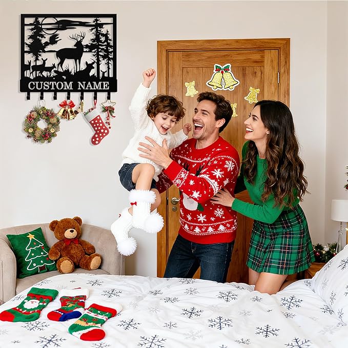 Personalized Deer Forest Key Holder Wall Mount, Custom Metal Keys Hanger for Wall with Name, Custom Key Rack Holder with Hooks for Entryway, Front Door, Hallway, Living Room, Kitchen