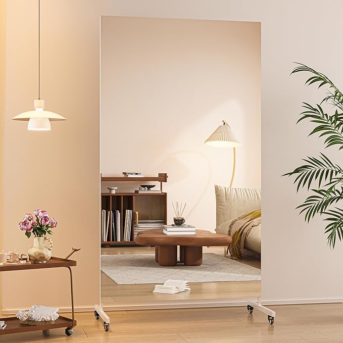 Hasipu Home Gym Mirror 360° Swivel on Wheels, 67" x 40" Extra Large Full Body Rolling and Tempered Glass Easy to Move Full Length Mirror for Yoga Studio, Bedroom, Dancing Studio, White